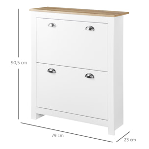 Armoire à chaussures 2 portes abattantes 2 compartiments poignées coquilles métal MDF blanc chêne clair