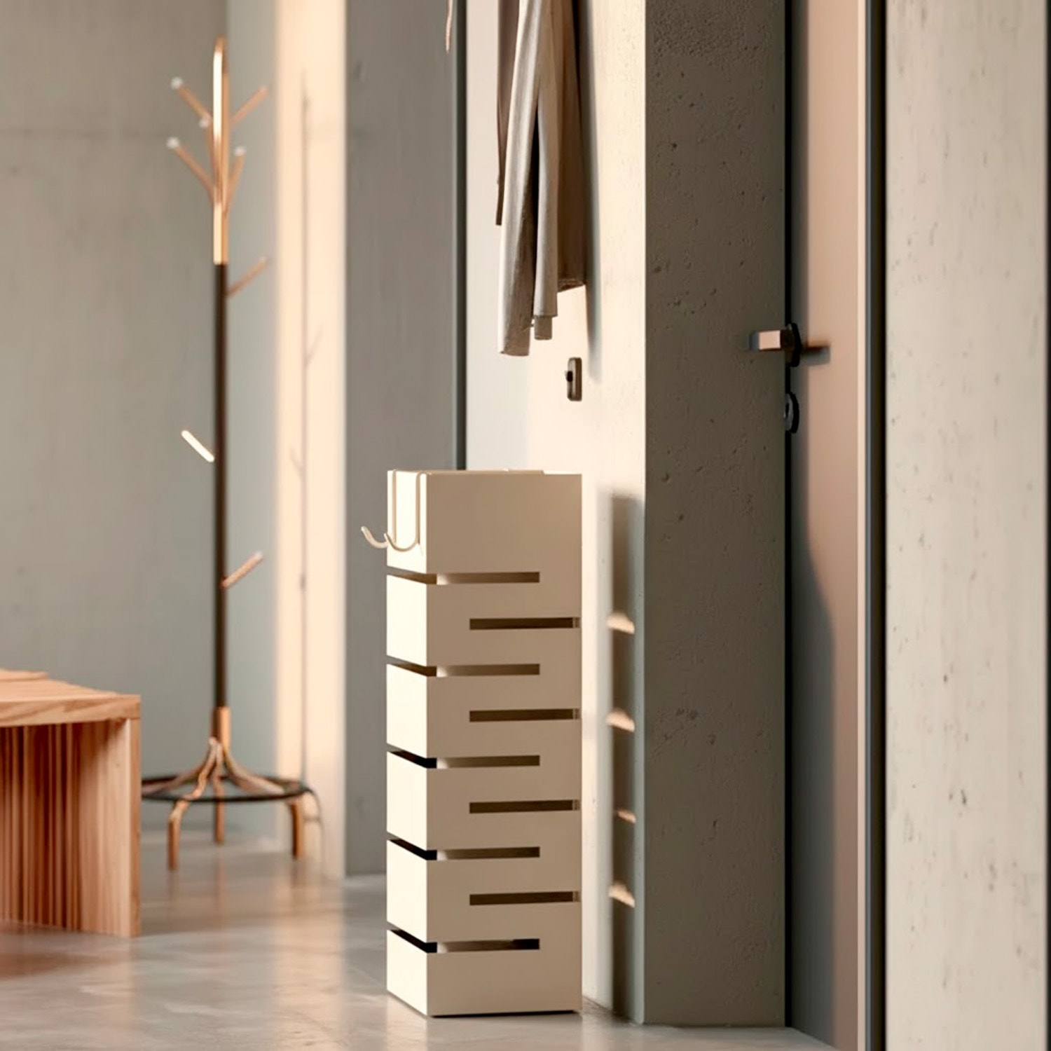 Portaombrelli In Acciaio Zincato Per Interno Esterno Con Vaschetta Scolapioggia 2 Ganci Removibili Base Antiscivolo 49 x 15,5 x 15.5 Cm Bianco