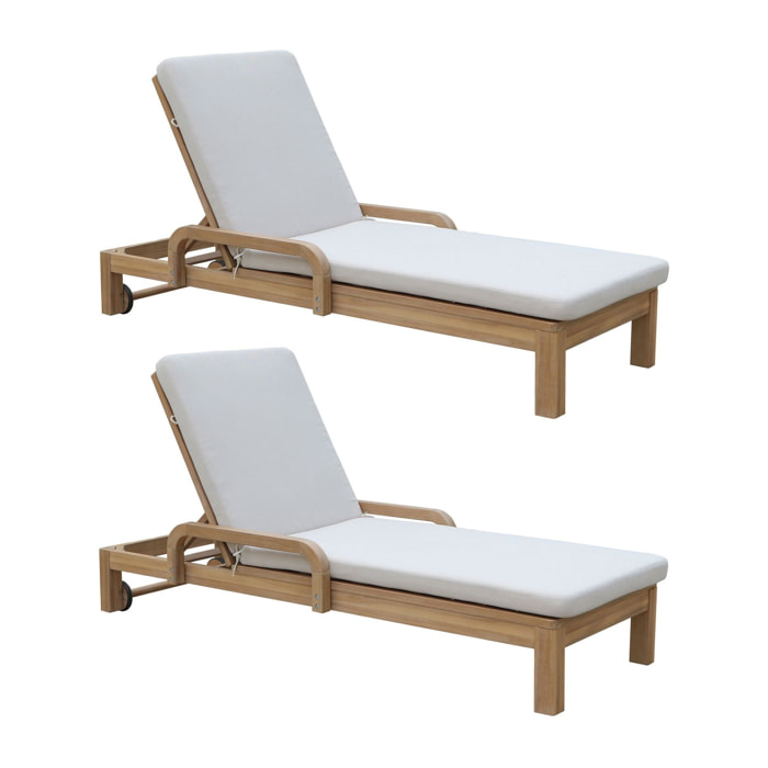 Lot de 2 chaises longues en bois d'acacia et matelas écru SAONA