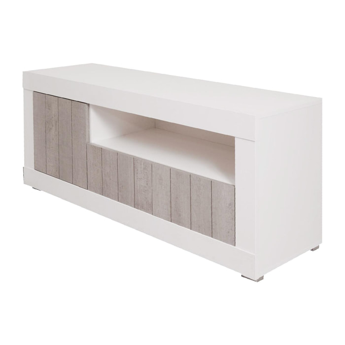 Mobile da soggiorno porta TV, Madia con scaffali e ripiani, Porta TV da salotto, cm 137x42h56, colore Bianco e Cemento