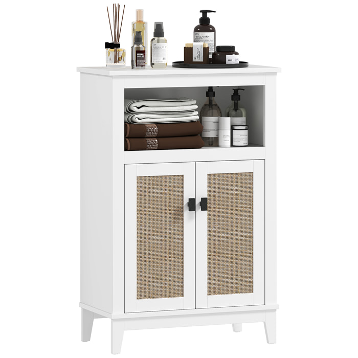 Mueble Auxiliar de Baño con 2 Puertas con Frontal de Ratán Armario de Baño con Estante Ajustable y Compartimento Abierto 60x30x90 cm Blanco