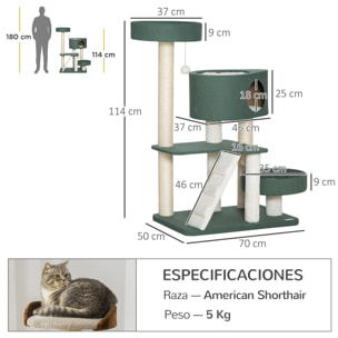 Árbol Rascador para Gatos Altura 114cm con 2 Camas Cueva Hamaca Plataforma Bolas