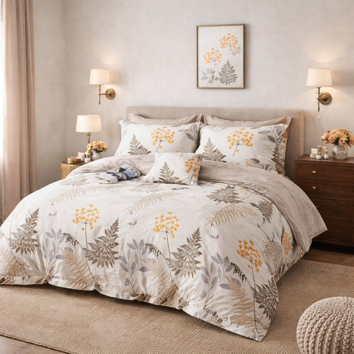 Parure housse de couette 100% percale de coton - motif botanique beige orange
