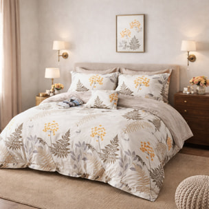 Parure housse de couette 100% percale de coton - motif botanique beige orange