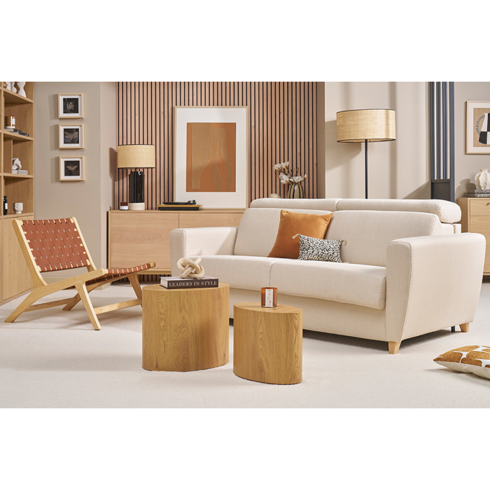 Canapé convertible avec têtières ajustables 3 places en tissu effet velours gris anthracite et bois clair avec matelas 13 cm GOYA