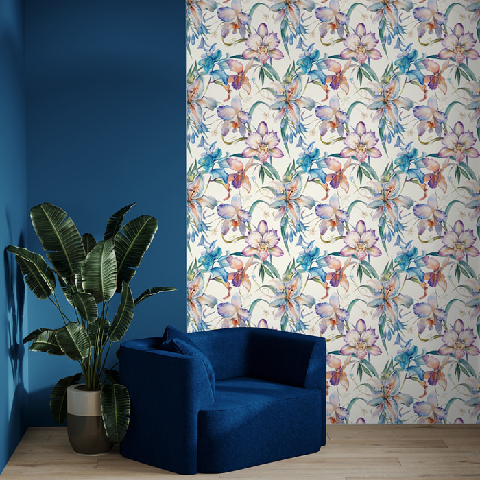 Papier peint intissé pré-encollé - FLEURS ORCHIDÉES MULTICOLORES SAUVAGES - 1 rouleau