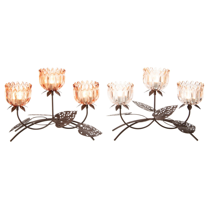 J-Line Photophore Fleur - métal/verre - rose clair/orange - large - 2 pièces
