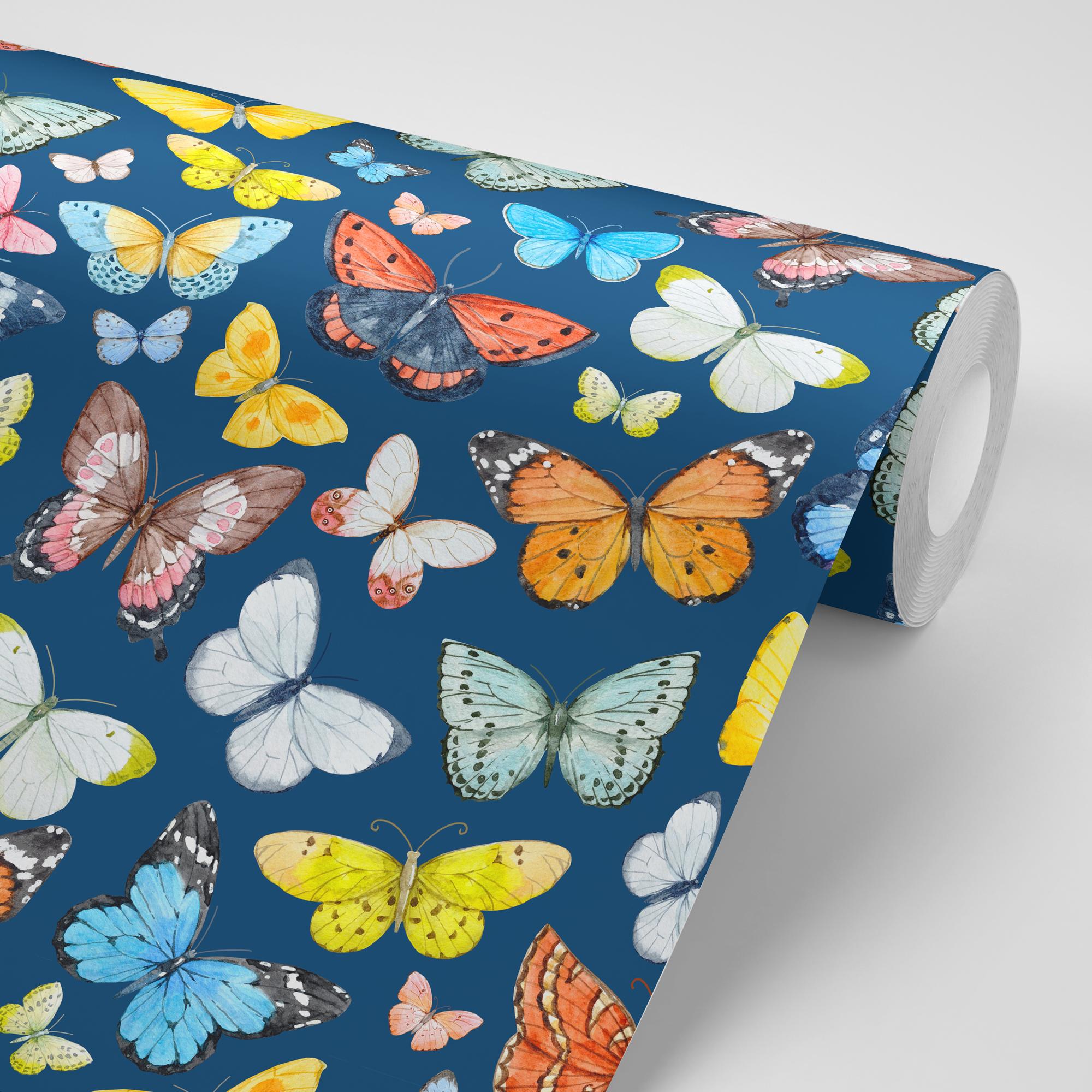 Papel pintado CERAMIKO, Mariposas con fondo azul 65x300 cm