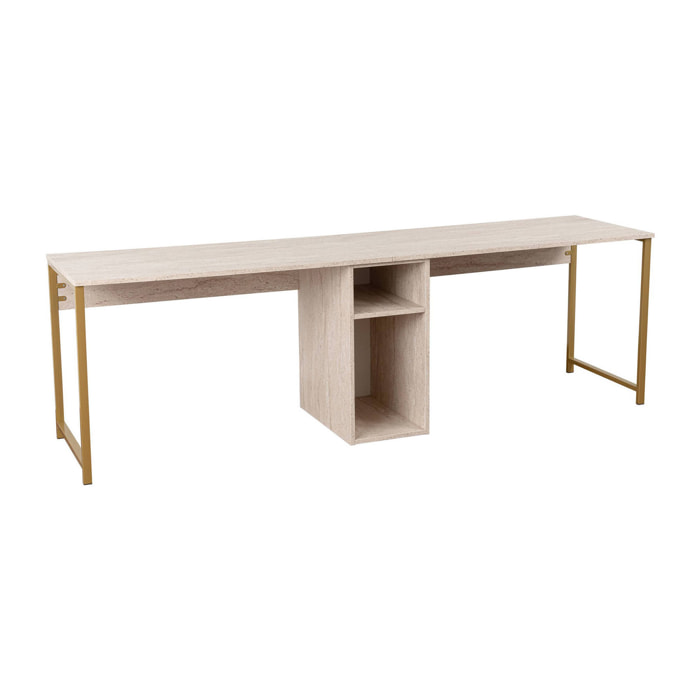 Scrivania Violet, Scrittoio multiuso, Tavolo per ufficio porta PC, Piano di lavoro, 240x60 h74 cm, Beige e Oro