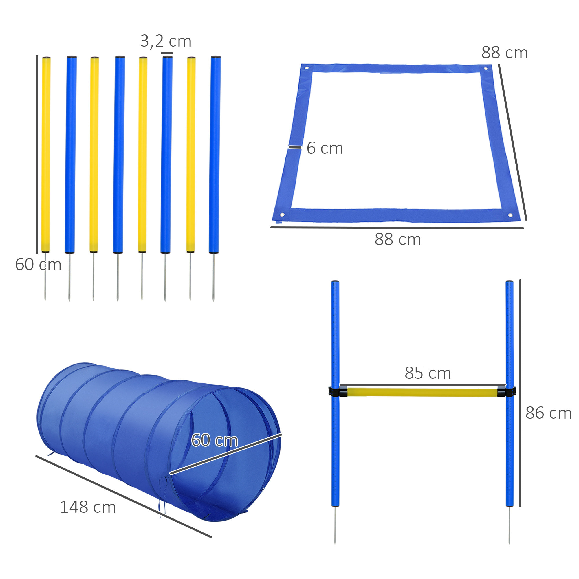 Agility sport pour chiens équipement complet obstacle, tunnel, slalom, zone repos + sac de transport bleu jaune