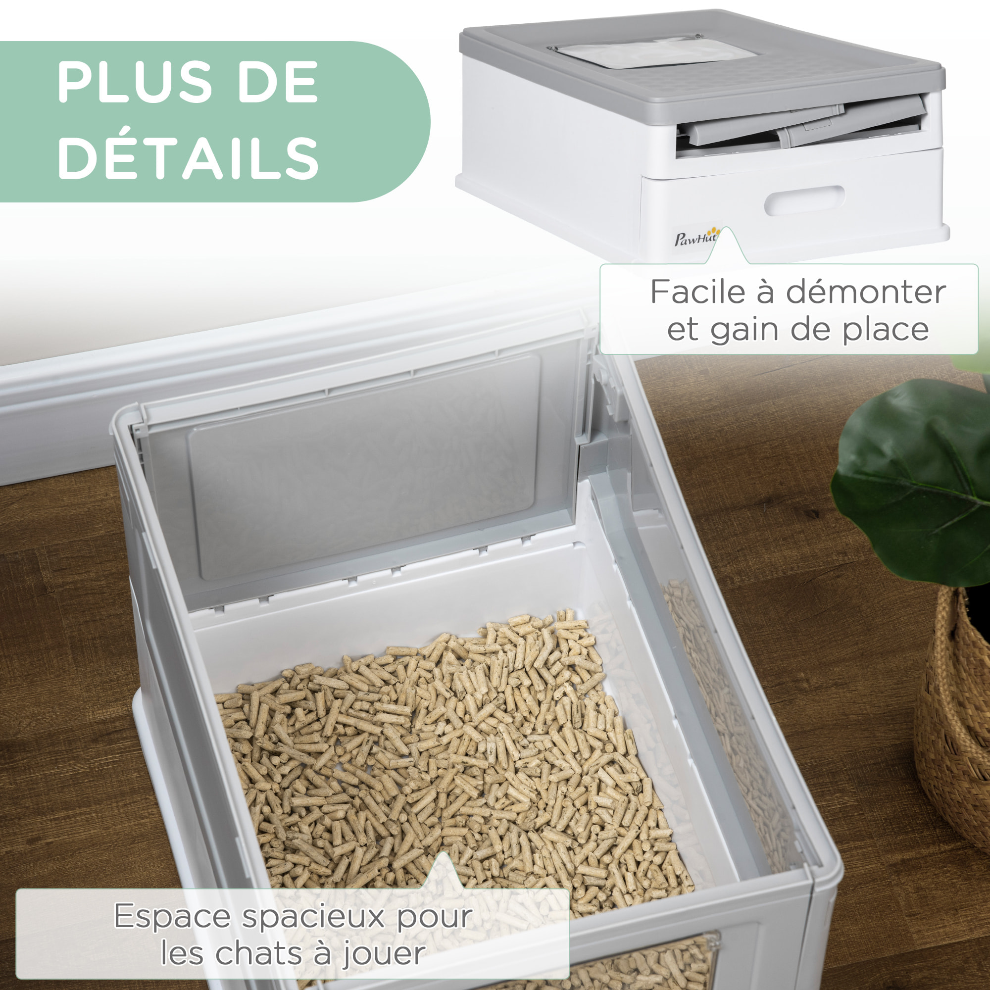 Maison de toilette pliable pour chat - tiroir à litière coulissant, porte battante et trappe transparente, pelle - blanc gris