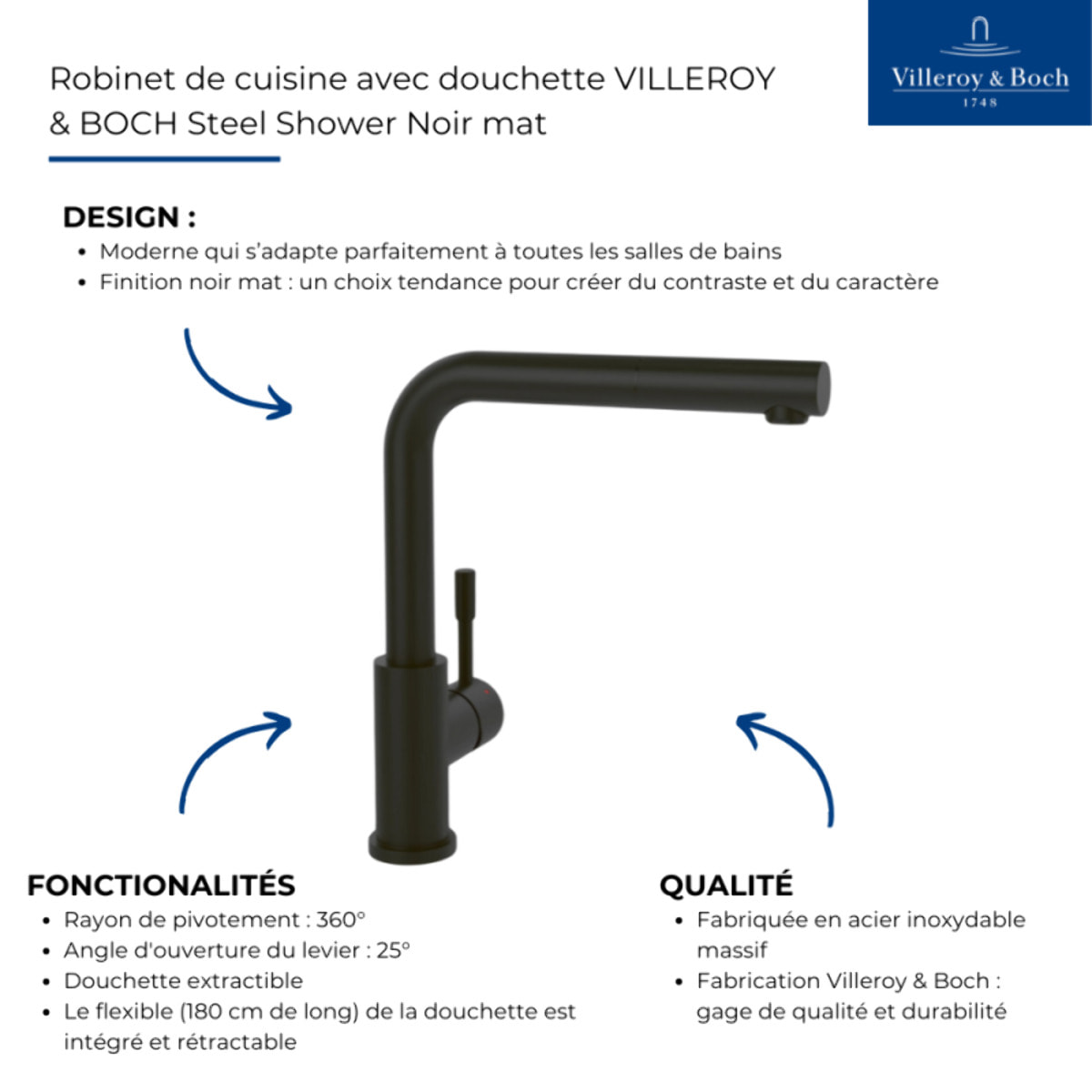 Robinet de cuisine avec douchette VILLEROY & BOCH Steel Shower Noir mat