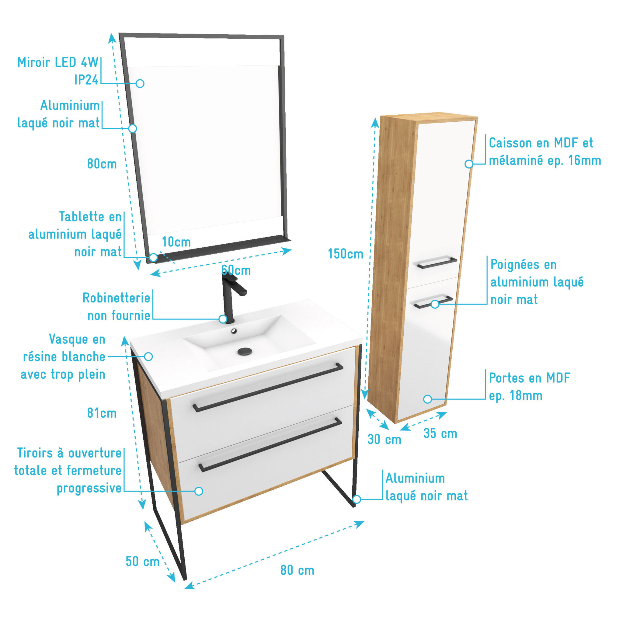 Meuble Salle de Bains 80 cm, Vasque Blanche, Miroir Led et Colonne - Chêne et Blanc - STRUCTURA