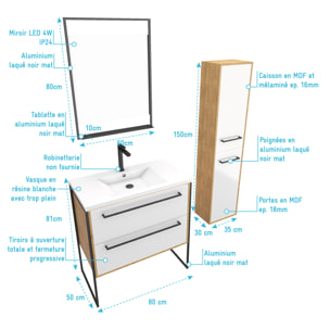 Meuble Salle de Bains 80 cm, Vasque Blanche, Miroir Led et Colonne - Chêne et Blanc - STRUCTURA