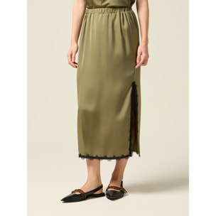 Oltre - Gonna tubino midi in raso con pizzo - Verde