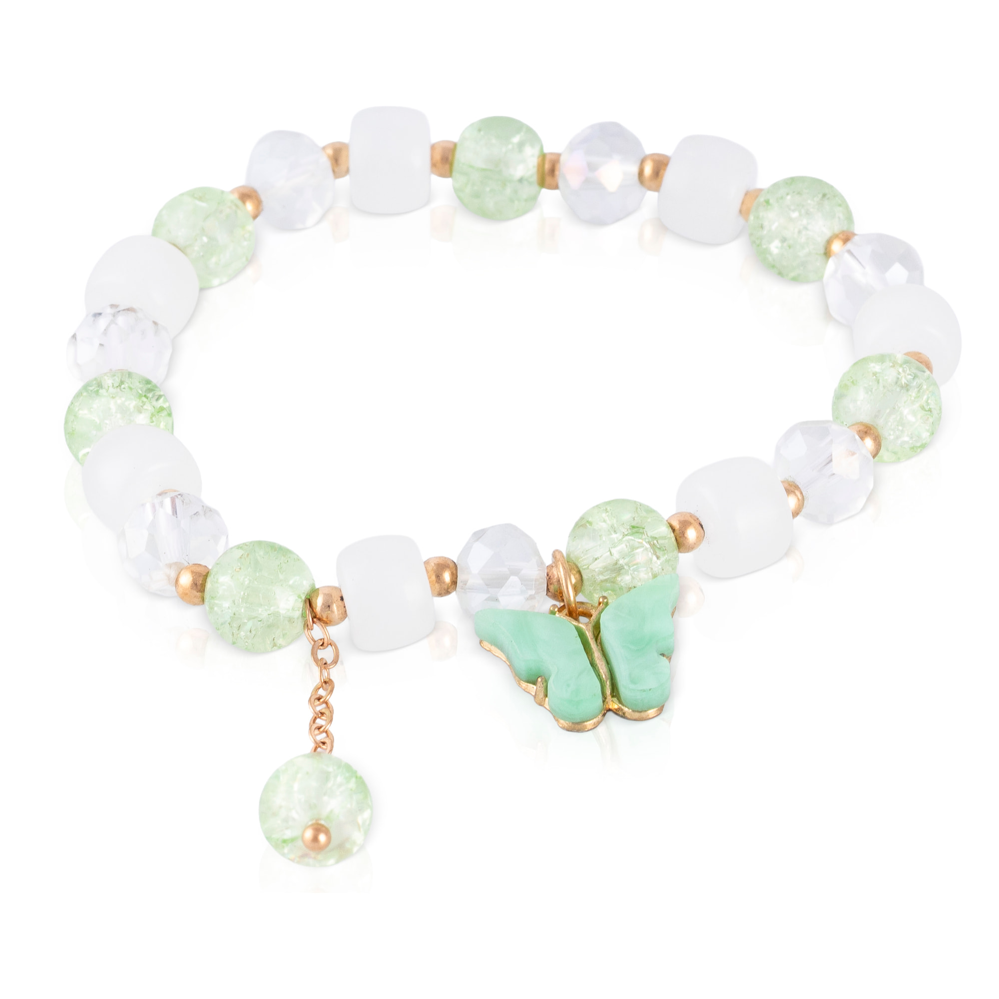 Set de 6 pulseras elásticas con cuentas de cristal y diseños multicolor, rosa, negro, azul, multicolor y verde.