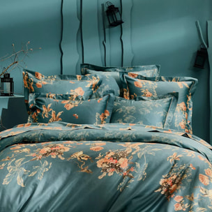Taie d'oreiller satin de coton 115 g/m² imprimé vert orange Roses d'automne vert anglais