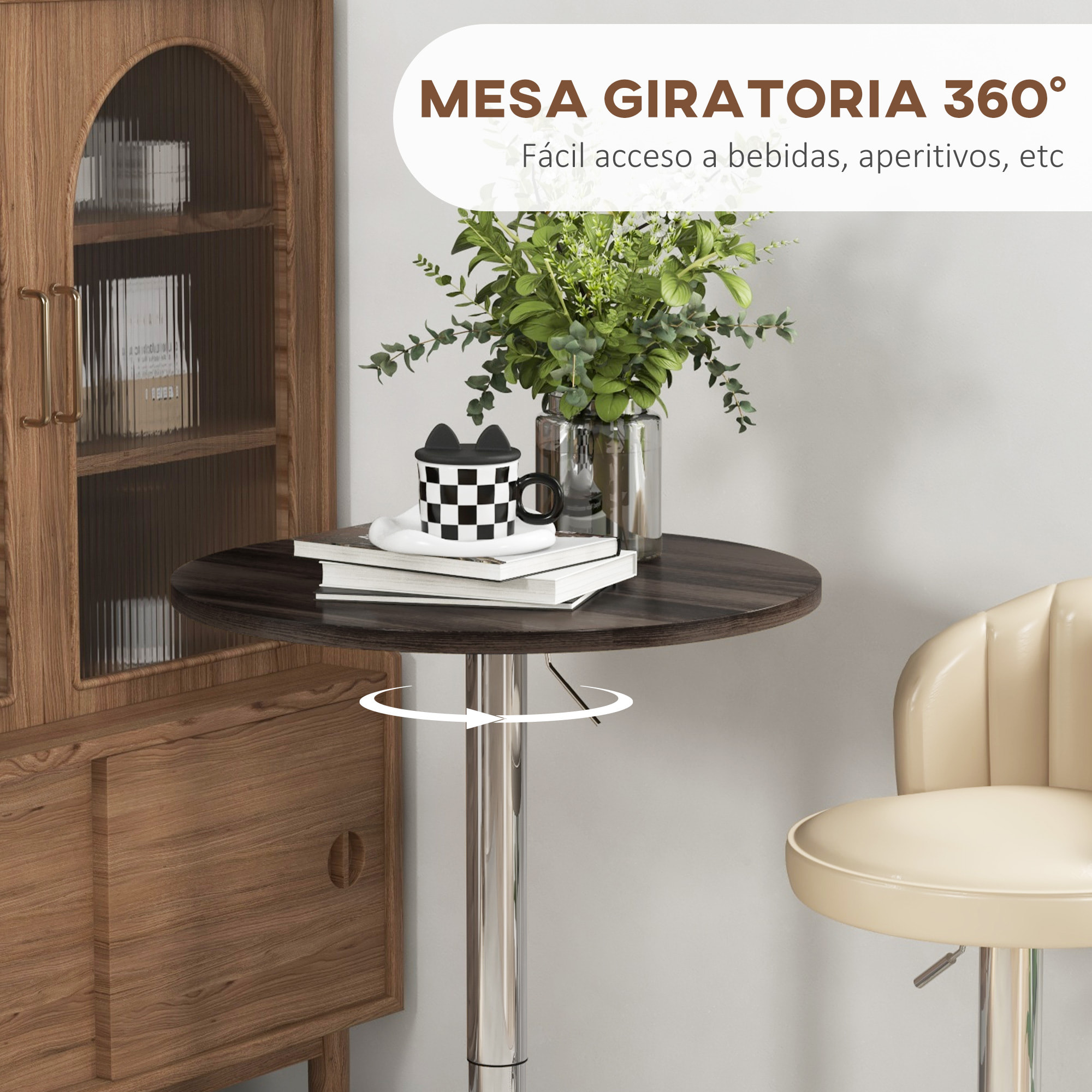 Mesa Alta Cocina, Mesa Alta Bar Redonda para 2 Personas, Altura Ajustable 69-91 cm, Tablero Giratorio 360°, Base de Acero, para Salón, Comedor, Cocina, 60x60x91 cm, Nogal