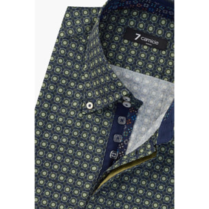 Camicia Uomo 2 Bottoni Button Down Slim Popeline Stampato Blu e Verde Militare