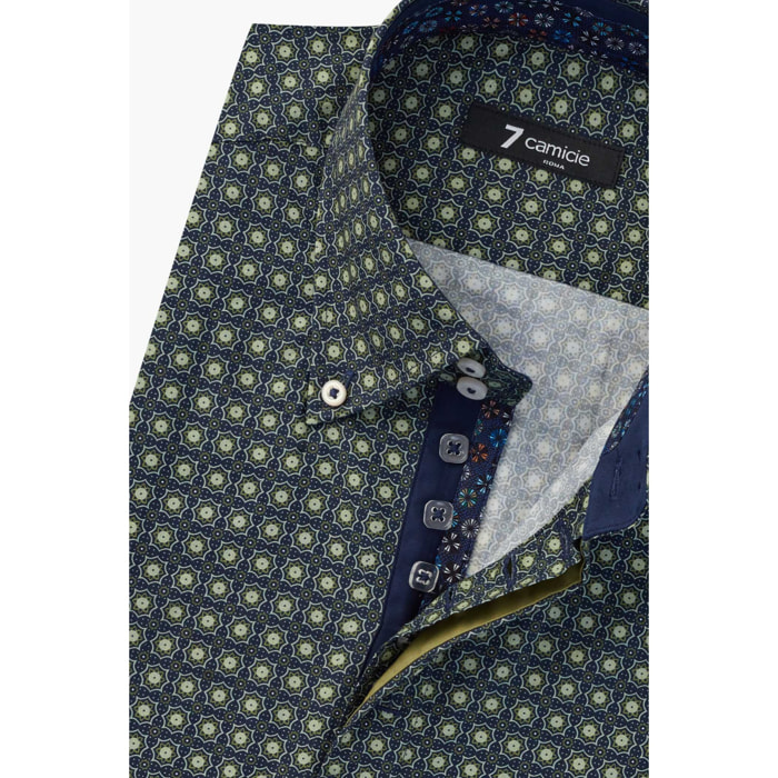 Camicia Uomo 2 Bottoni Button Down Slim Popeline Stampato Blu e Verde Militare
