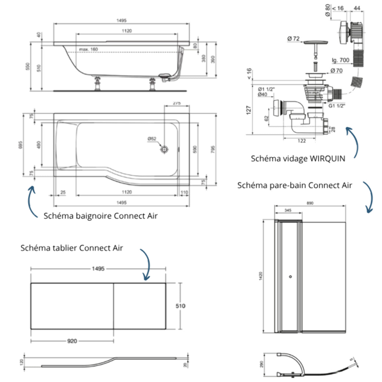 Pack baignoire bain douche 150 x 80 cm droite Connect Air + tablier + pare bain avec volet + vidage Chromé