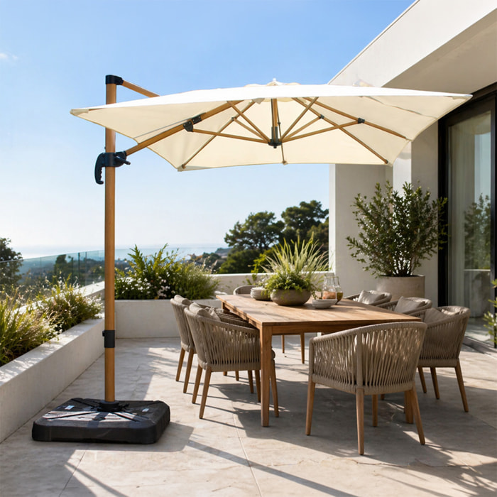 Parasol rectangulaire 2x3m déporté rotatif écru structure effet bois OTA
