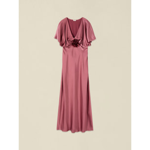Oltre - Vestito lungo in raso con applicazione floreale - Rosa