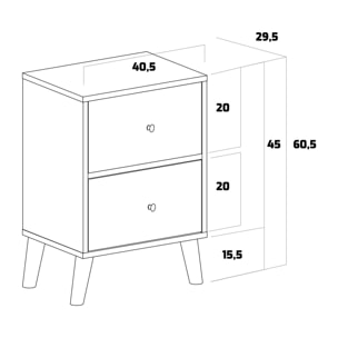 Rocco - Comodino da design in legno con 2 cassetti industrial