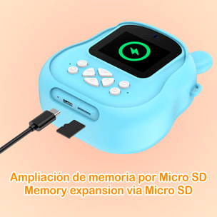 Cámara infantil de 50MP, video de 1080p, camara dual, pantalla de 2" y zoom digital 16x. Con impresión instantánea. Diseño dinosaurio.