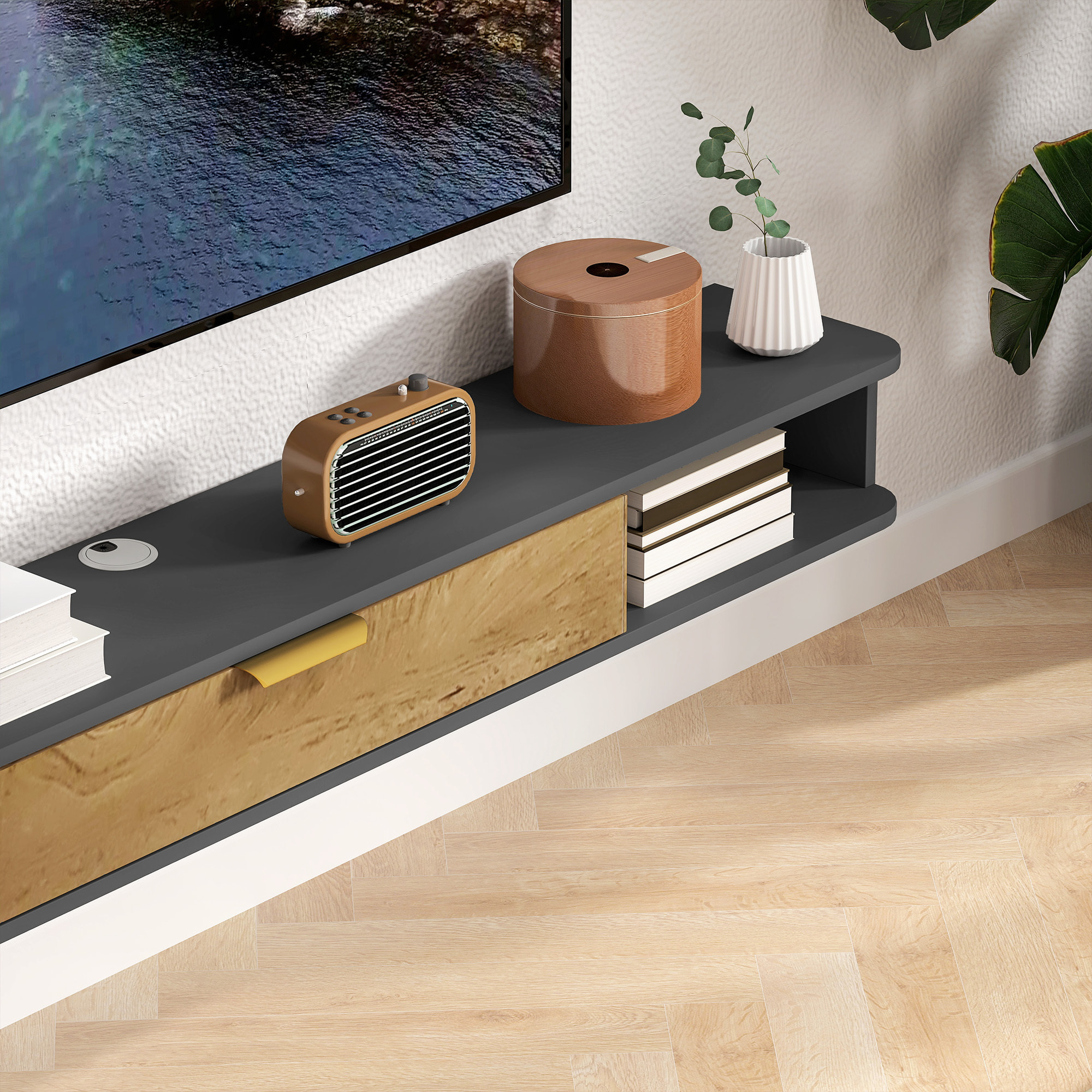 Meuble TV design suspendu - meuble TV mural - 2 niches, porte abbatante - dim. 160 x 24 x 16 cm - gris charbon effet bois
