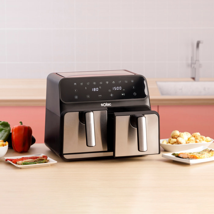 Freidora sin Aceite Doble Cubeta 1700W | 8L: 4 cada cestillo | Air Fryer 60-200º | Antiadherente | Panel control táctil multifunción | Programable Temporizador | Freidora Aire 11 menu | Inox - Solac