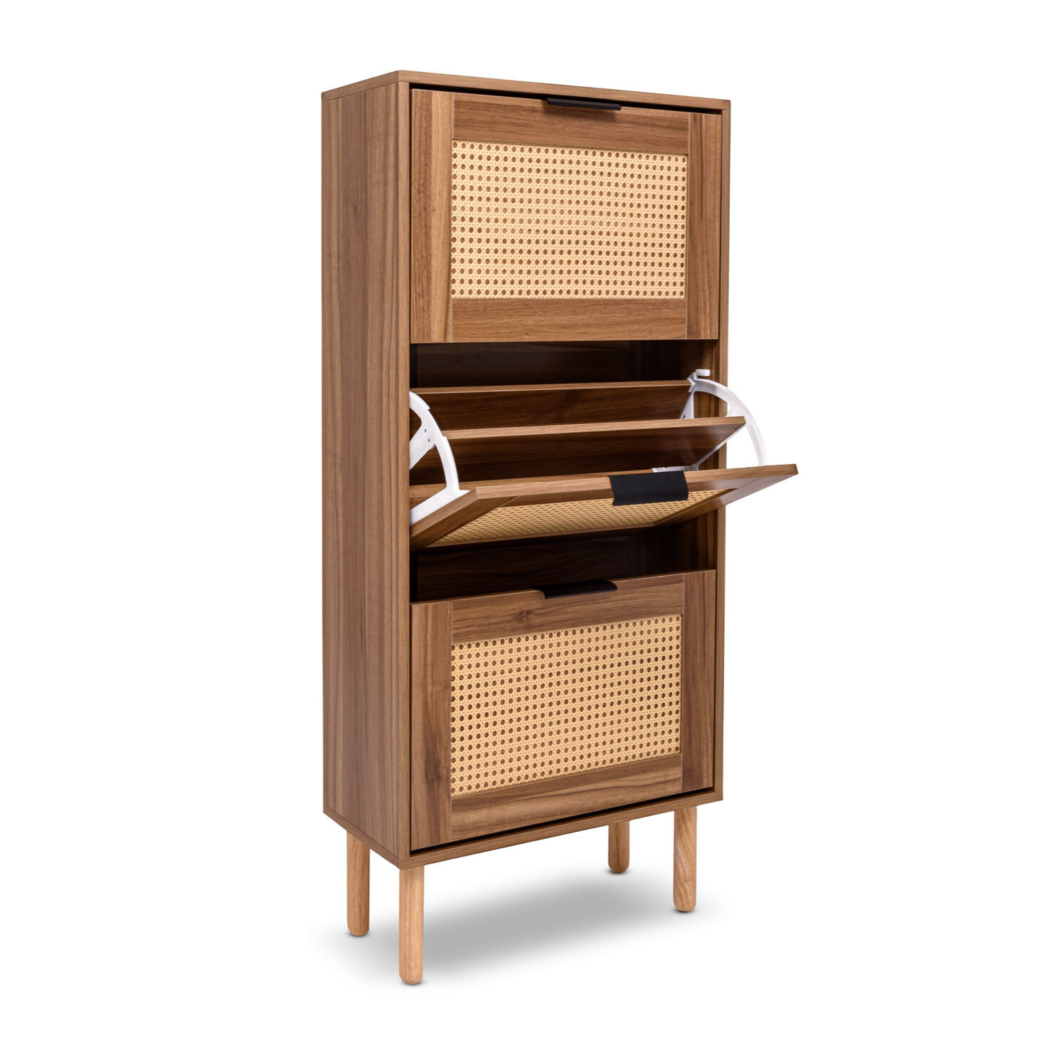 Mariachi - Scarpiera a 3 ripiani in legno con inserti in rattan