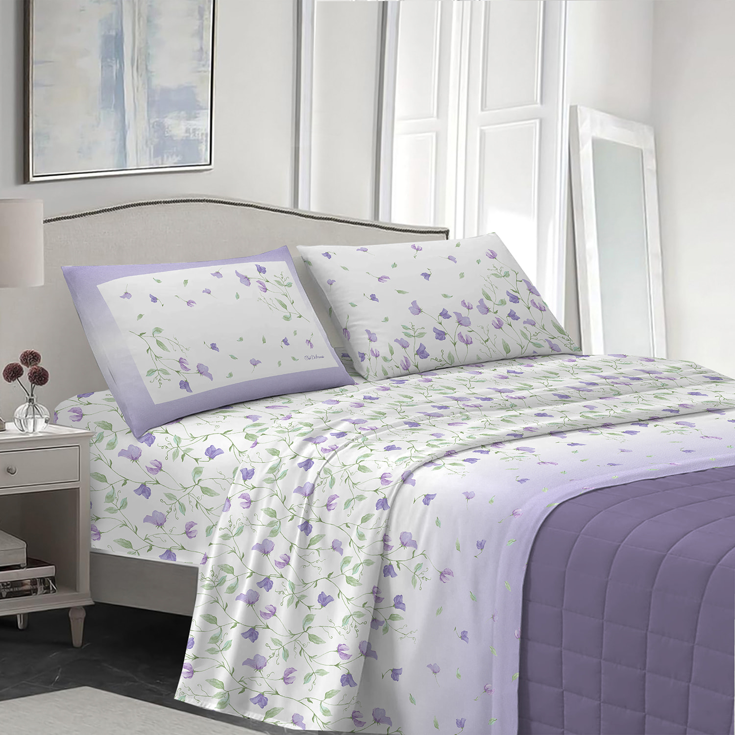 Completo letto pea flower lilla 100% cotone