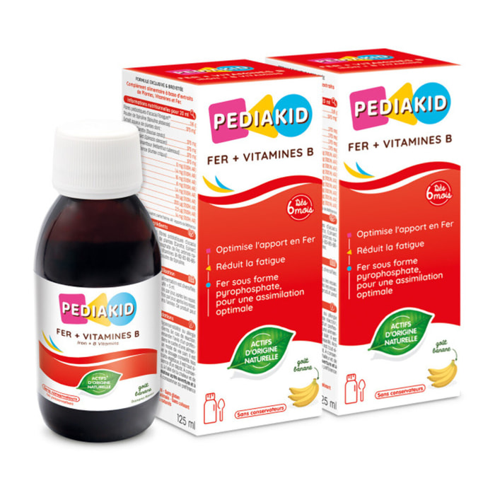 PEDIAKID - Sirop Fer + Vitamines B - Complément Alimentaire Naturel - Formule Exclusive au Sirop d'Agave - Optimise les Apports en Fer - Contribue à Réduire la Fatigue - Lot de 2 Flacons 125ml