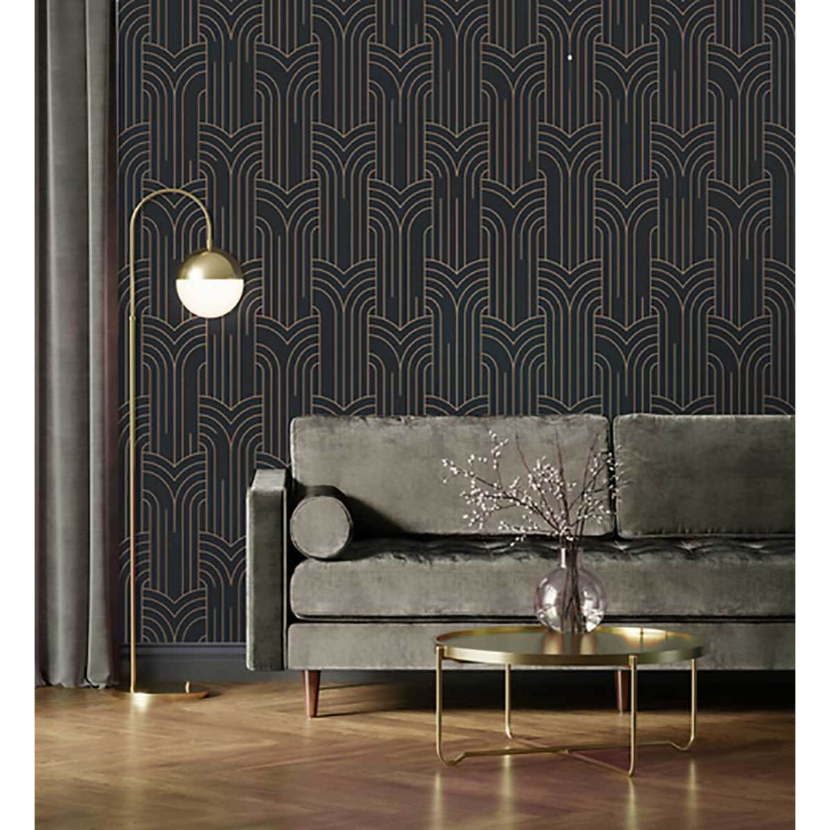Papier peint géométrique Art Déco noir et or