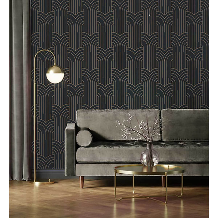 Papier peint géométrique Art Déco noir et or
