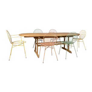 ENSEMBLE DE JARDIN TABLE BOIS EUCALYPTUS EXTENS + 6 FAUT MÉTAL SUMAD