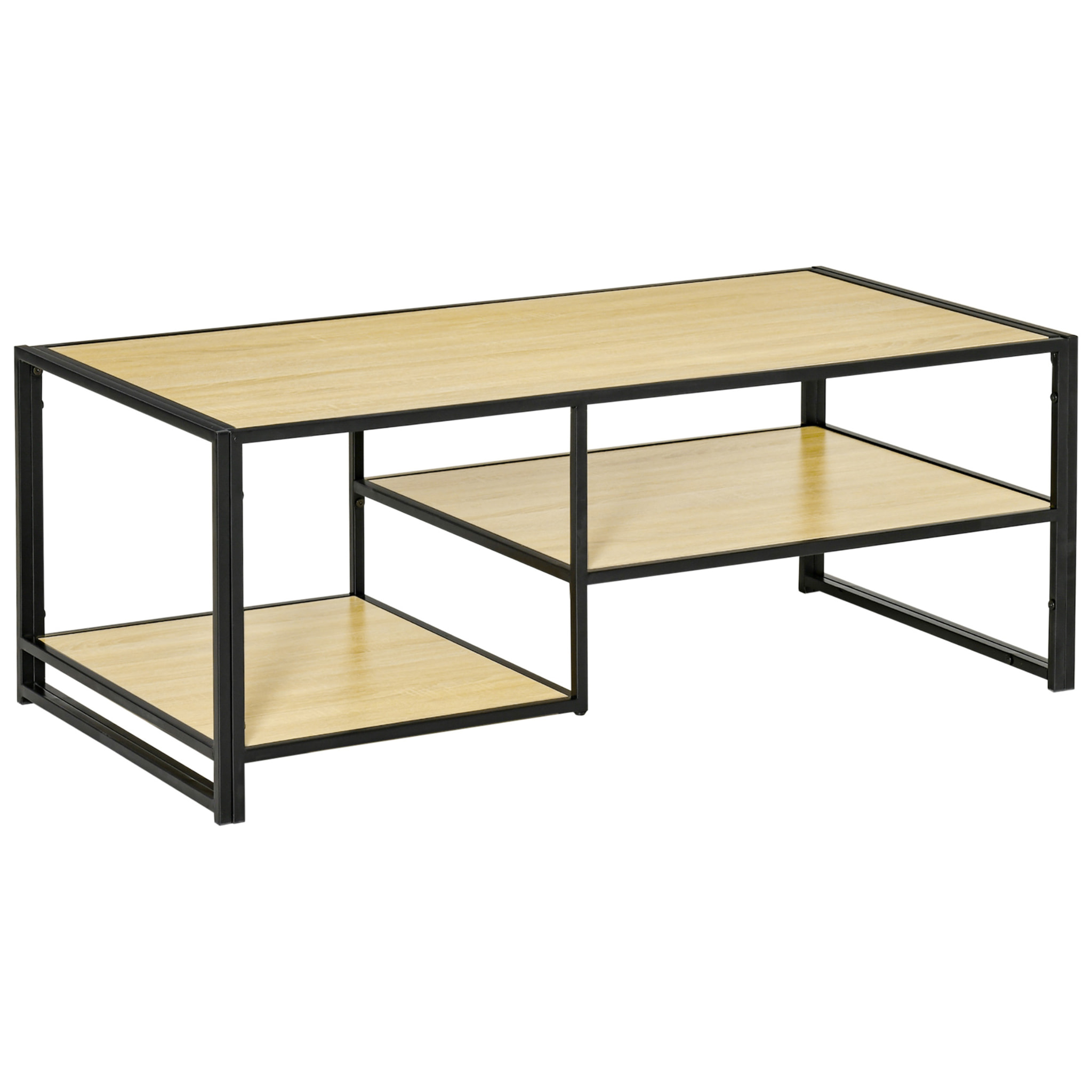 HOMCOM Mesa de Centro para Salón con 2 Estantes de Almacenamiento Mesa de Café con Marco de Acero para Sala de Estar Dormitorio Oficina 120x60x46 cm Roble