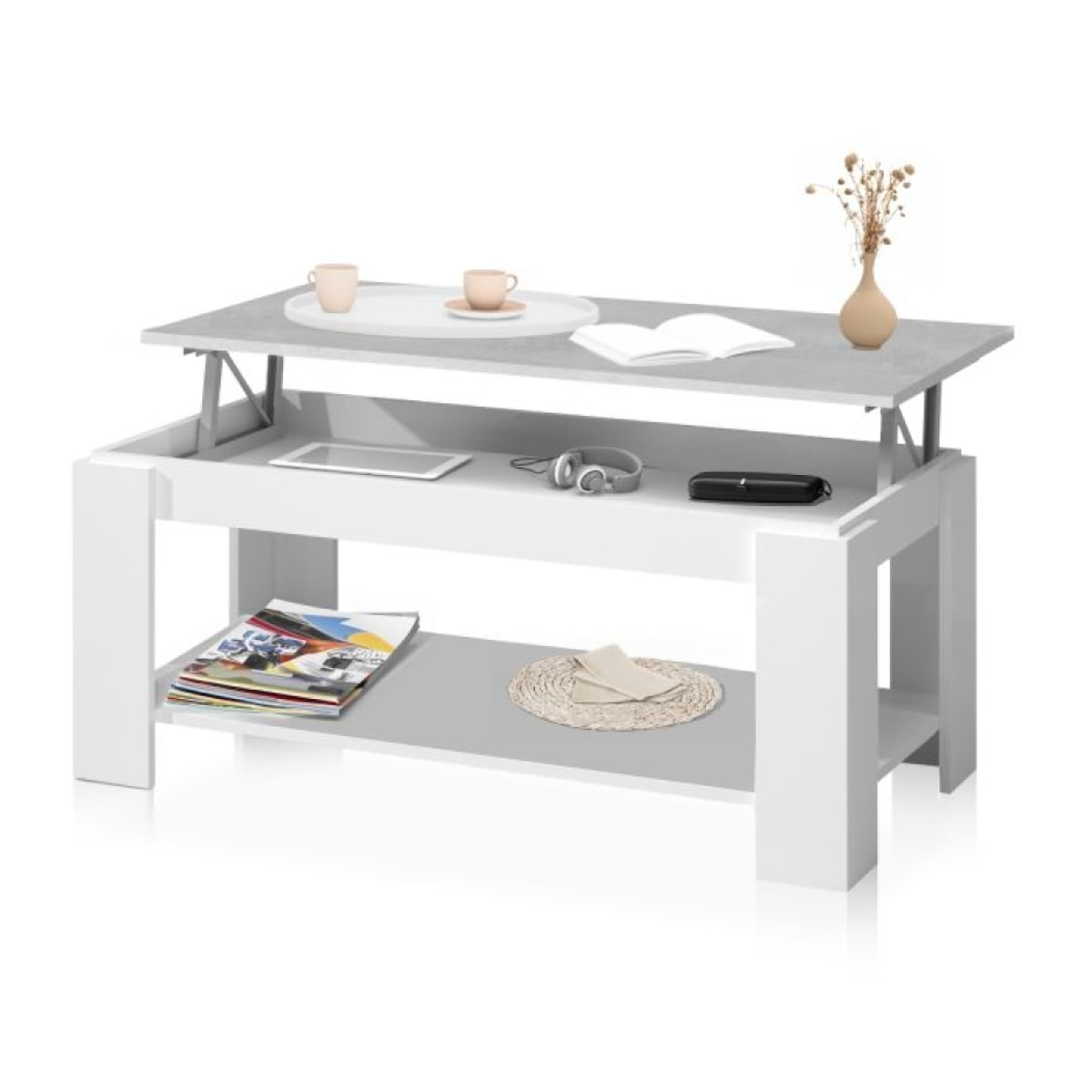 Mesa de centro elevable Lya Blanco Artik (Blanco Mate) - Gris Cemento