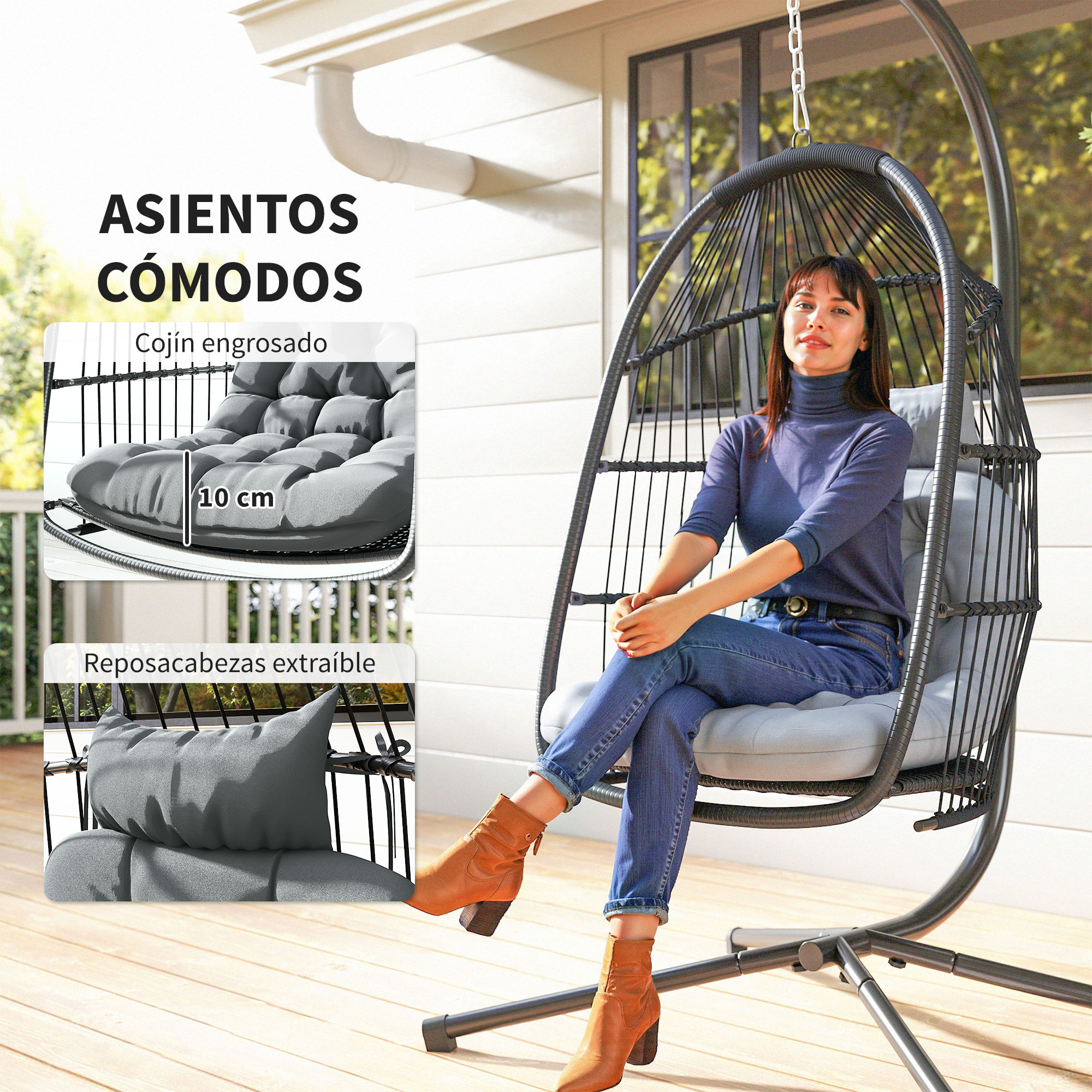 Silla Colgante Huevo con Soporte, Columpio Jardín Exterior con Cesta Plegable, Cojín Anti-UV y Reposacabezas Desmontable para Interior y Exterior, Carga 150 kg, Gris Oscuro