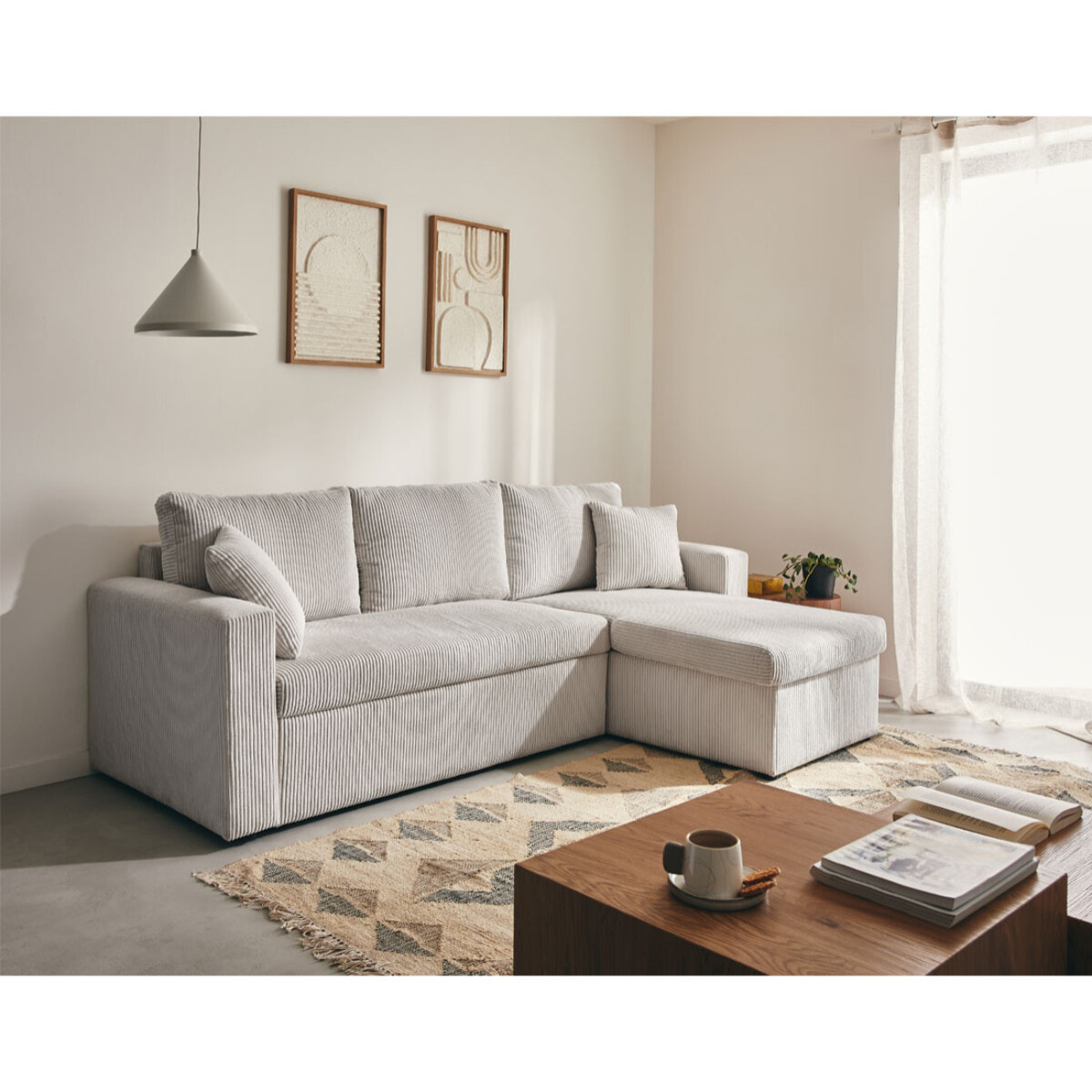 Cyrus - canapé d'angle réversible 4 places - convertible avec coffre - en velours côtelé - Gris clair