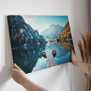 Tableau lac alpin et barques au matin Toile imprimée