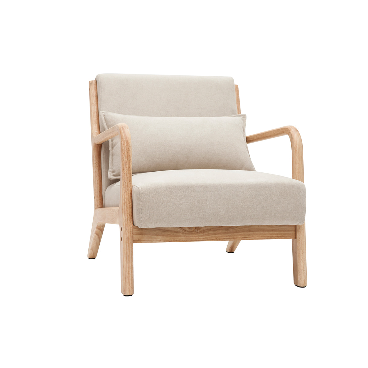 Fauteuil scandinave en tissu effet velours beige et bois clair massif DERRY