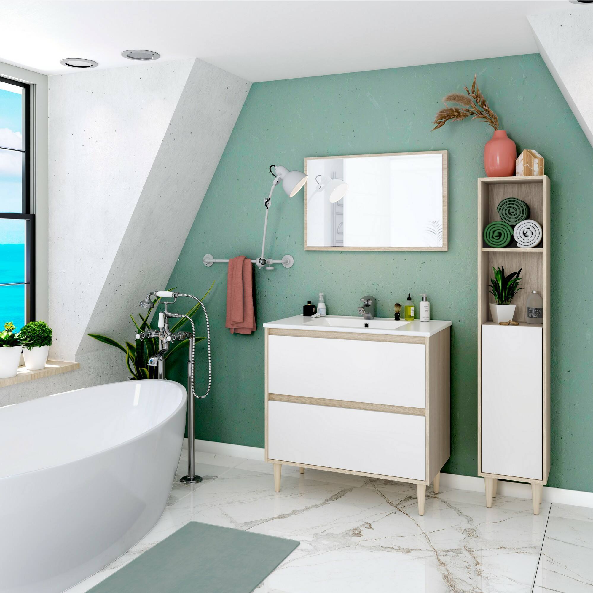 Mobile colonna Lazzarina, Pensile bagno con 1 anta, Armadio alto, 30x25h150 cm, Rovere e Bianco lucido