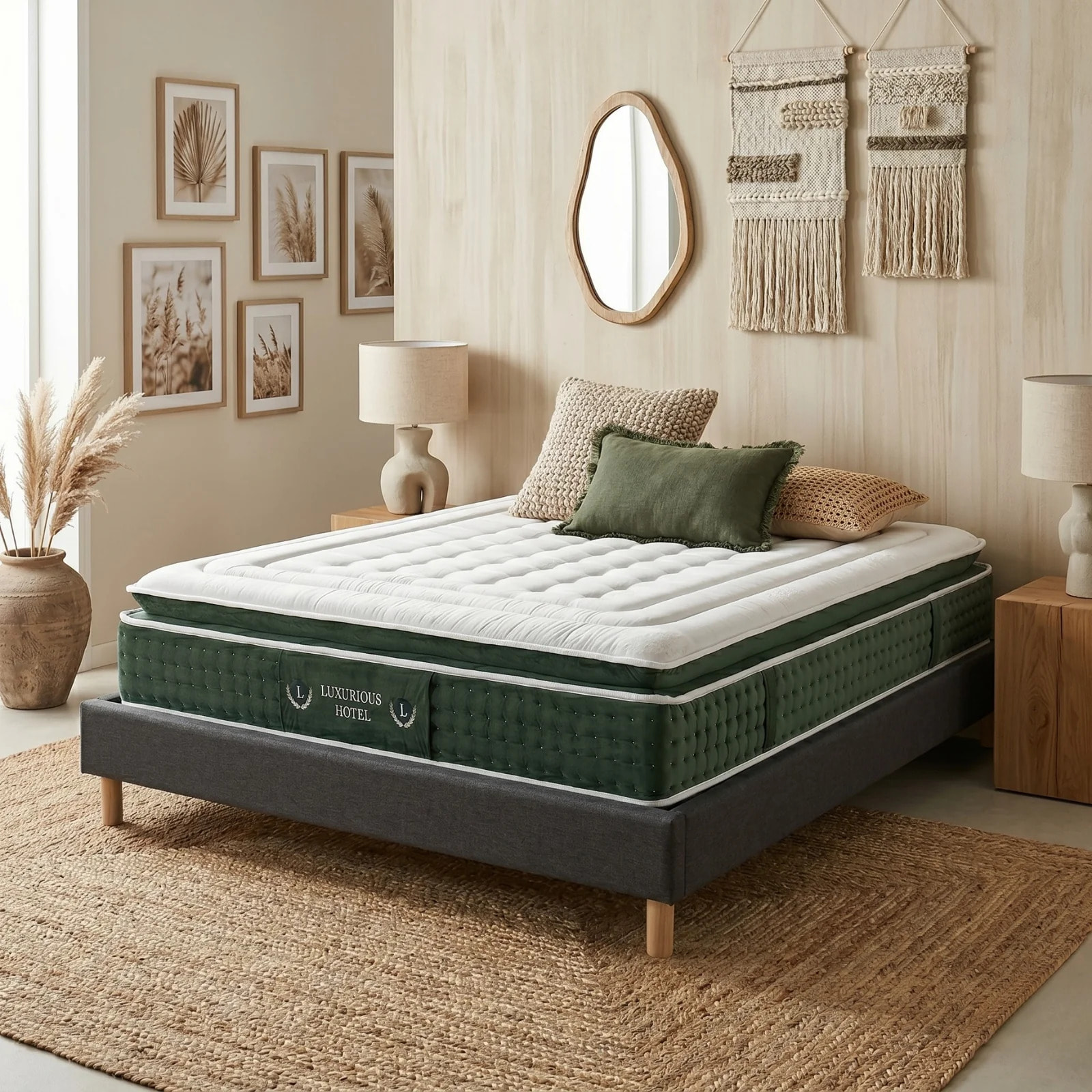 Ensemble matelas Jade & sommier Cancun | Mémoire de forme et ressorts ensachés | Cadre à lattes | Tissu | Gris foncé