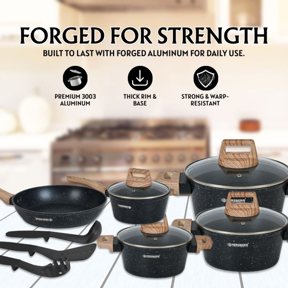 Batterie de cuisine 15 pièces avec revêtement en granit et manche en bois Noir Herzberg HGWDMRB15-BLK
