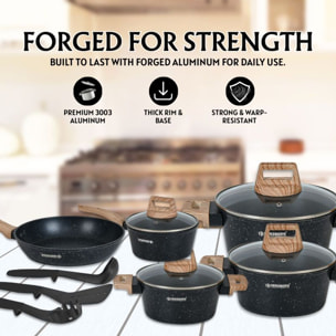 Batterie de cuisine 15 pièces avec revêtement en granit et manche en bois Noir Herzberg HGWDMRB15-BLK