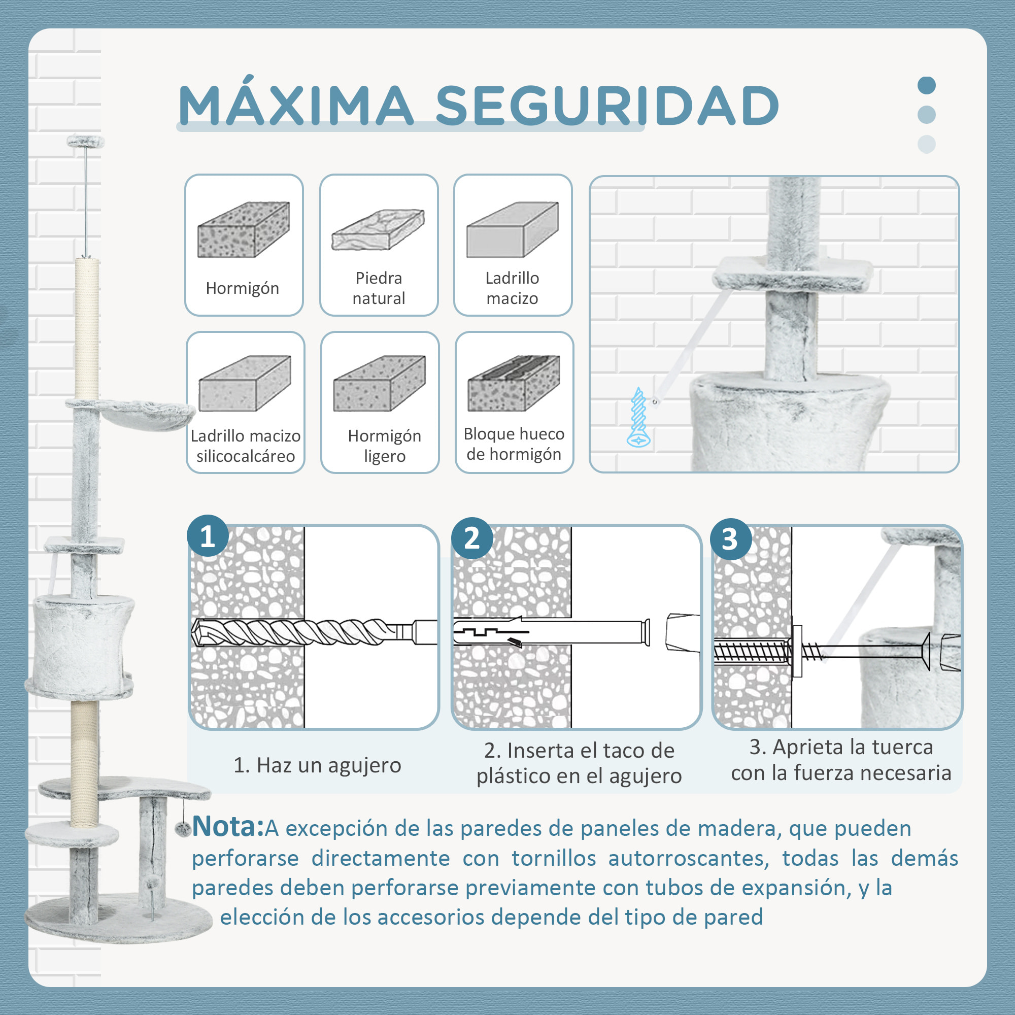 Árbol para Gatos de Suelo a Techo de 225-255 cm Torre para Gatos Ajustable en Altura con Cueva Plataformas Hamaca Postes Rascadores y Bolas Colgantes Ø60x225-255 cm Gris