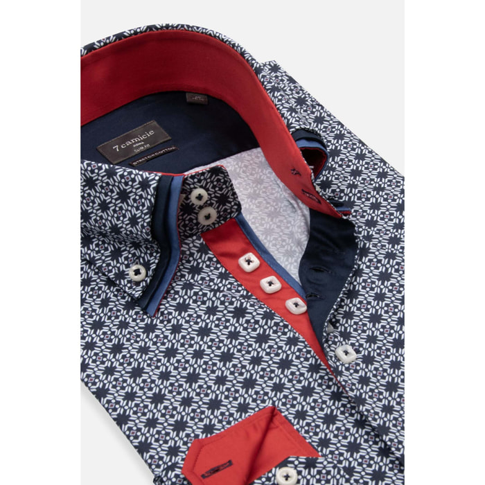 Camicia Uomo 2 Bottoni Button Down Triplo Collo Slim Popeline Stretch Stampato Blu\Bianco