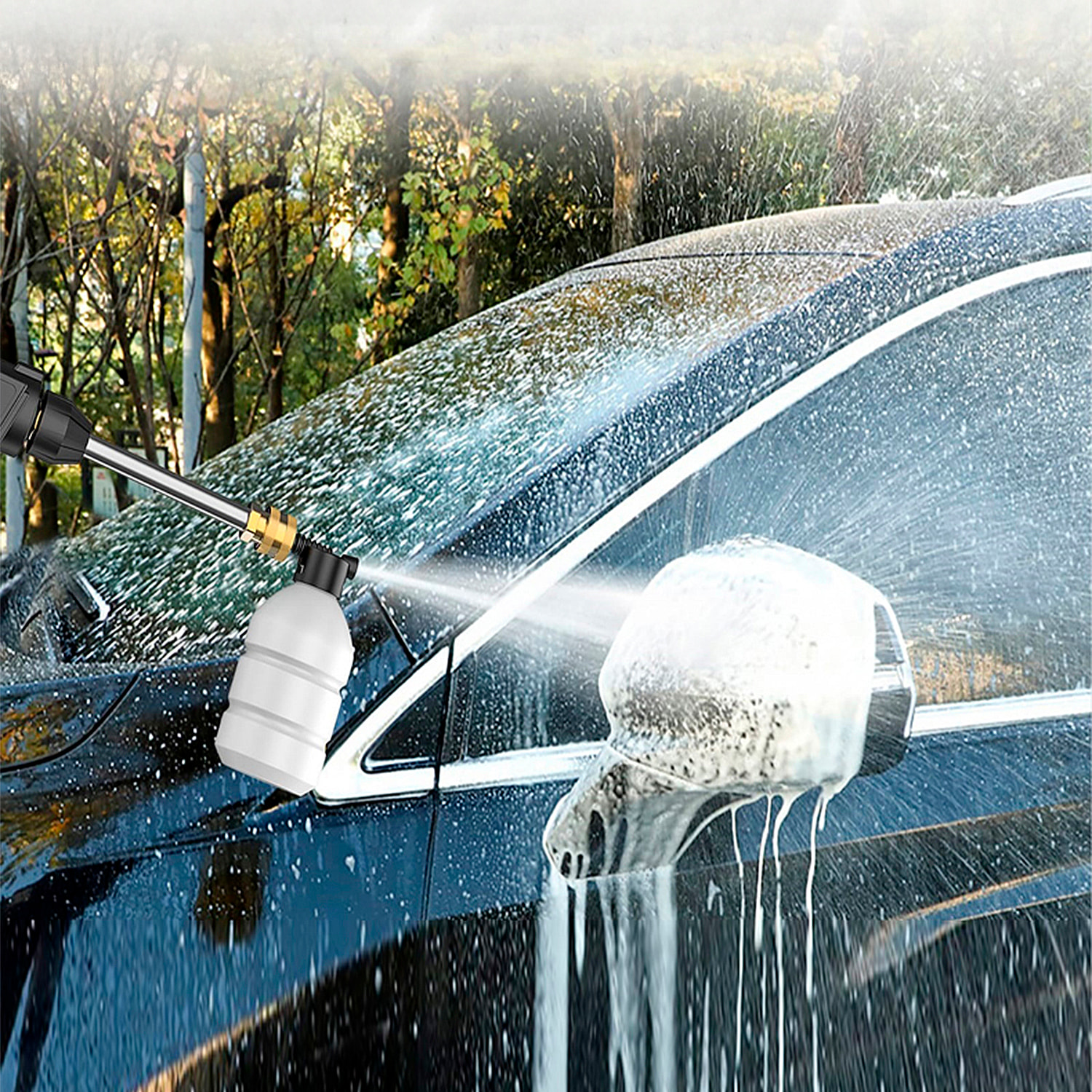 Pistola de lavado a presión con doble batería recargable, 3 adaptadores de lavado diferentes, 300W de potencia y 30 bares de presión.